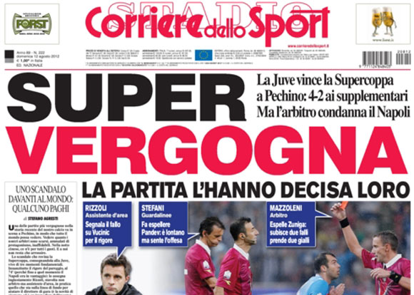 Titolo in prima del Corriere dello Sport: «Super Vergogna»