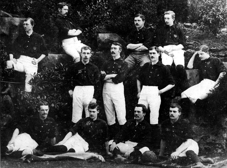 Nottingham Forest first team in 1884.  Back Row - T. Danks, C.J. Caborn, S.W. Widdowson, T. Lindley.  Middle Row - H. Billyeald, T. Hancock, F. Fox, A. Ward.  Front Row - S. Norman, J.E. Leighton, F.W. Beardsley, G. Unwin.  Photo courtesy of Nottinghamshire County Library Service